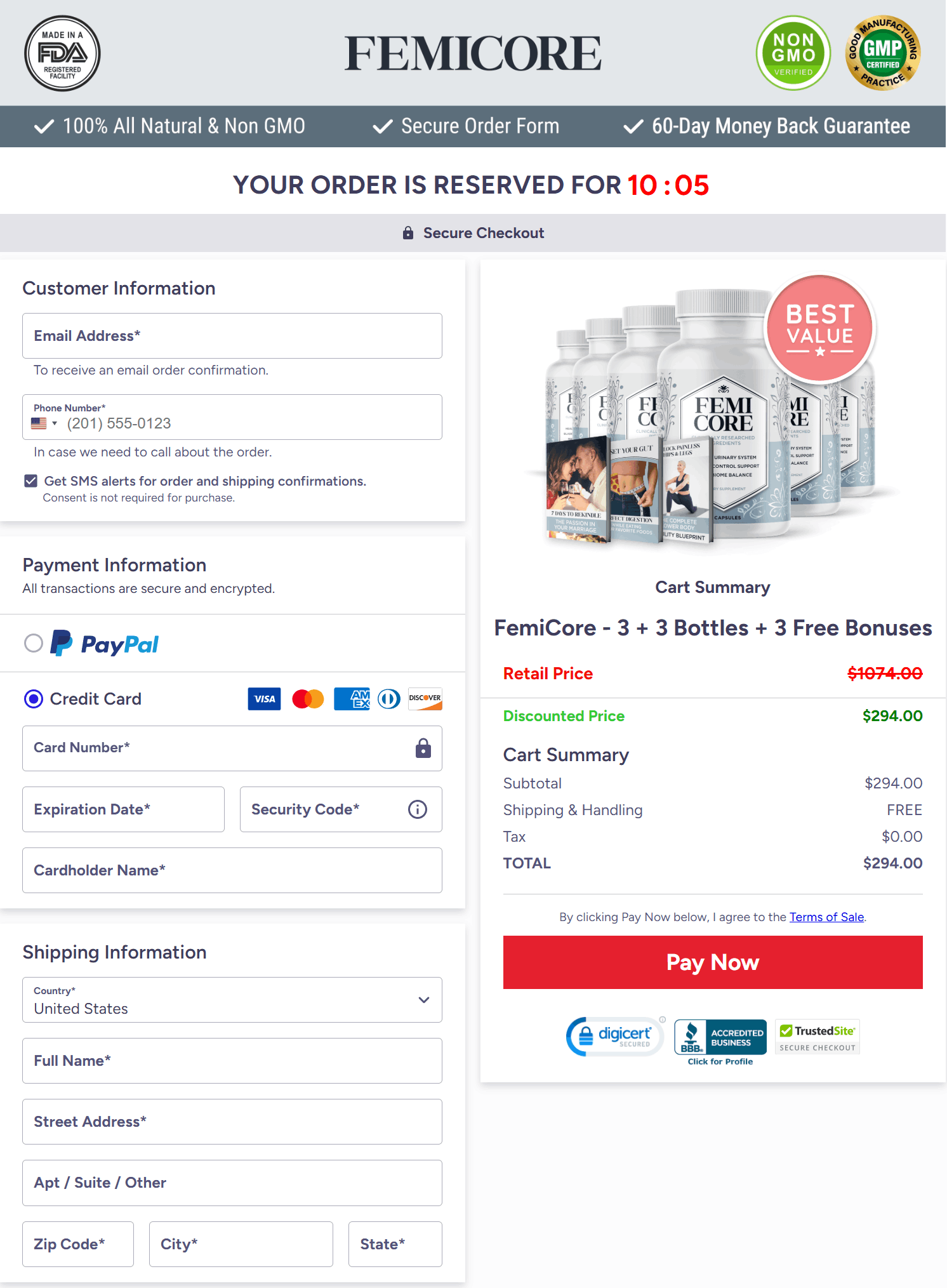 FemiCore checkout page